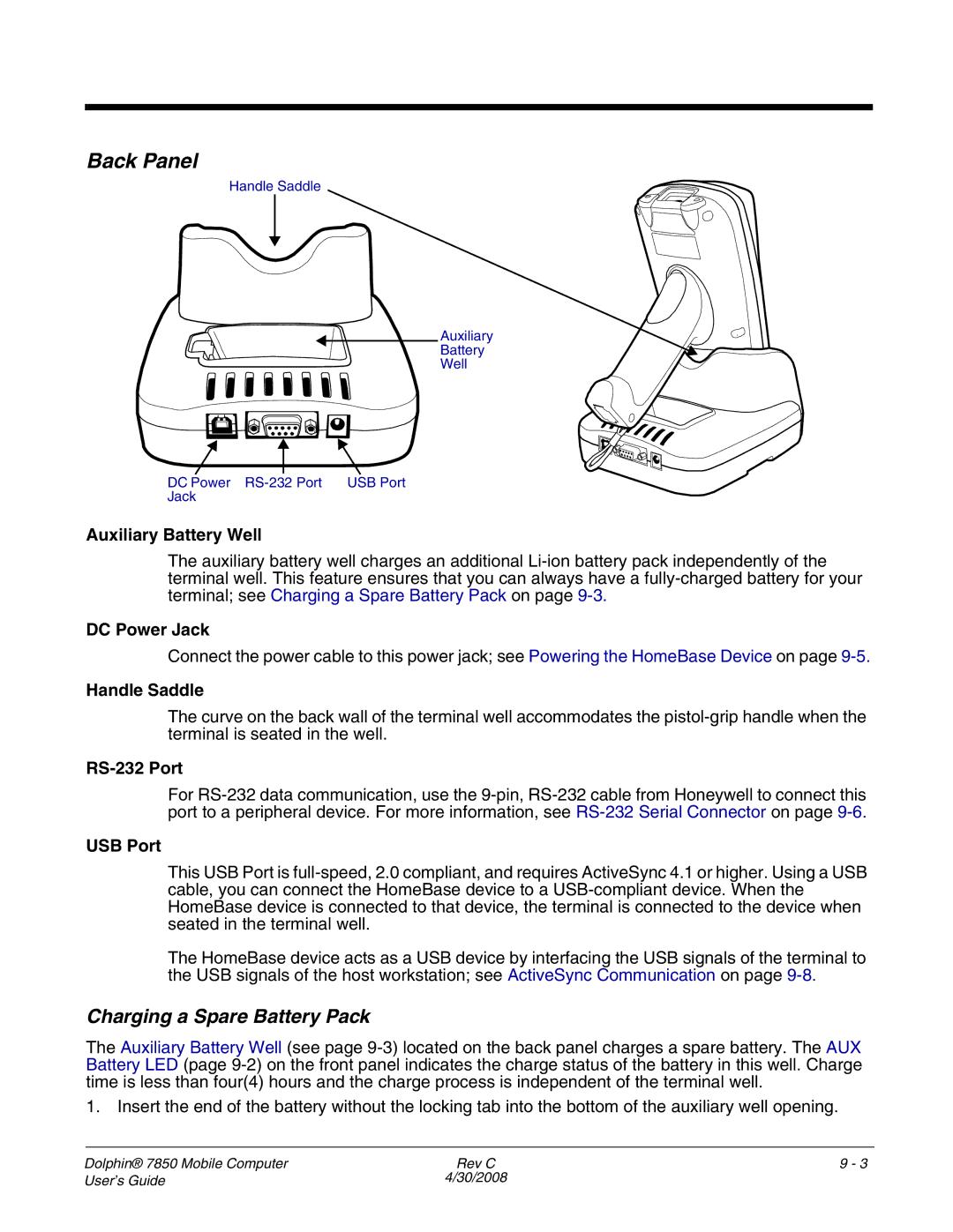 Honeywell 7850 manual Back Panel, Charging a Spare Battery Pack 