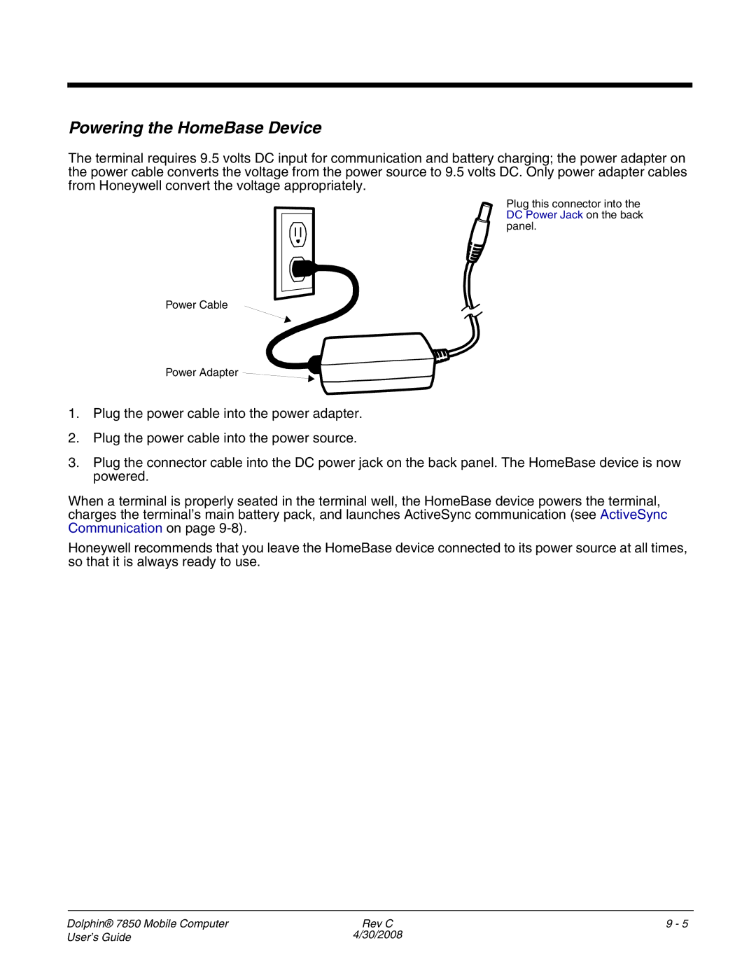 Honeywell 7850 manual Powering the HomeBase Device 