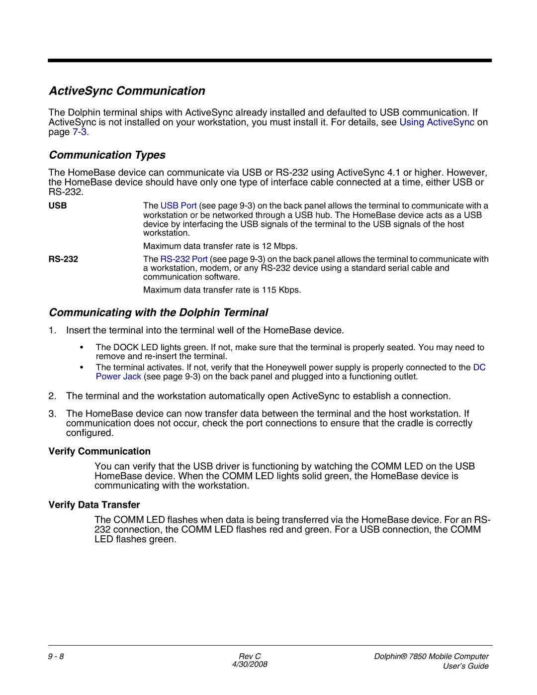 Honeywell 7850 manual ActiveSync Communication, Communication Types, Communicating with the Dolphin Terminal 