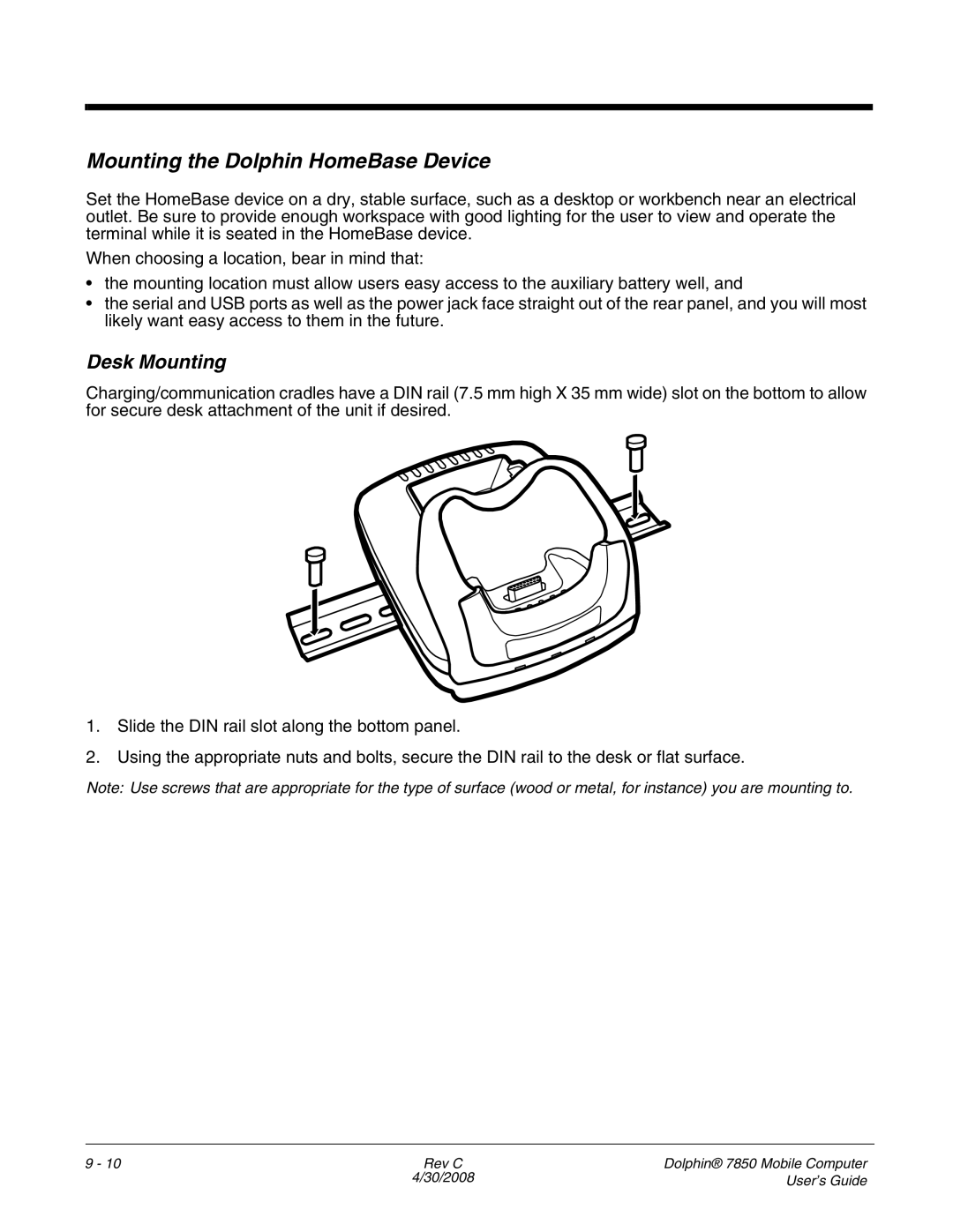 Honeywell 7850 manual Mounting the Dolphin HomeBase Device, Desk Mounting 