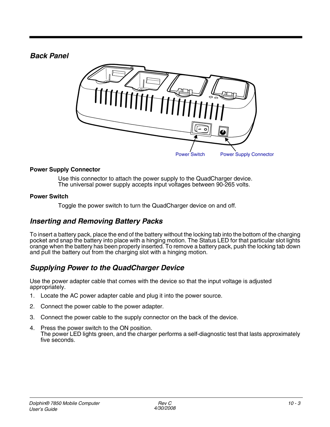 Honeywell 7850 Inserting and Removing Battery Packs, Supplying Power to the QuadCharger Device, Power Supply Connector 