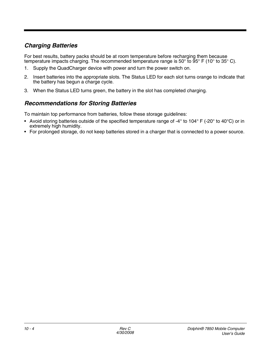 Honeywell 7850 manual Charging Batteries, Recommendations for Storing Batteries 