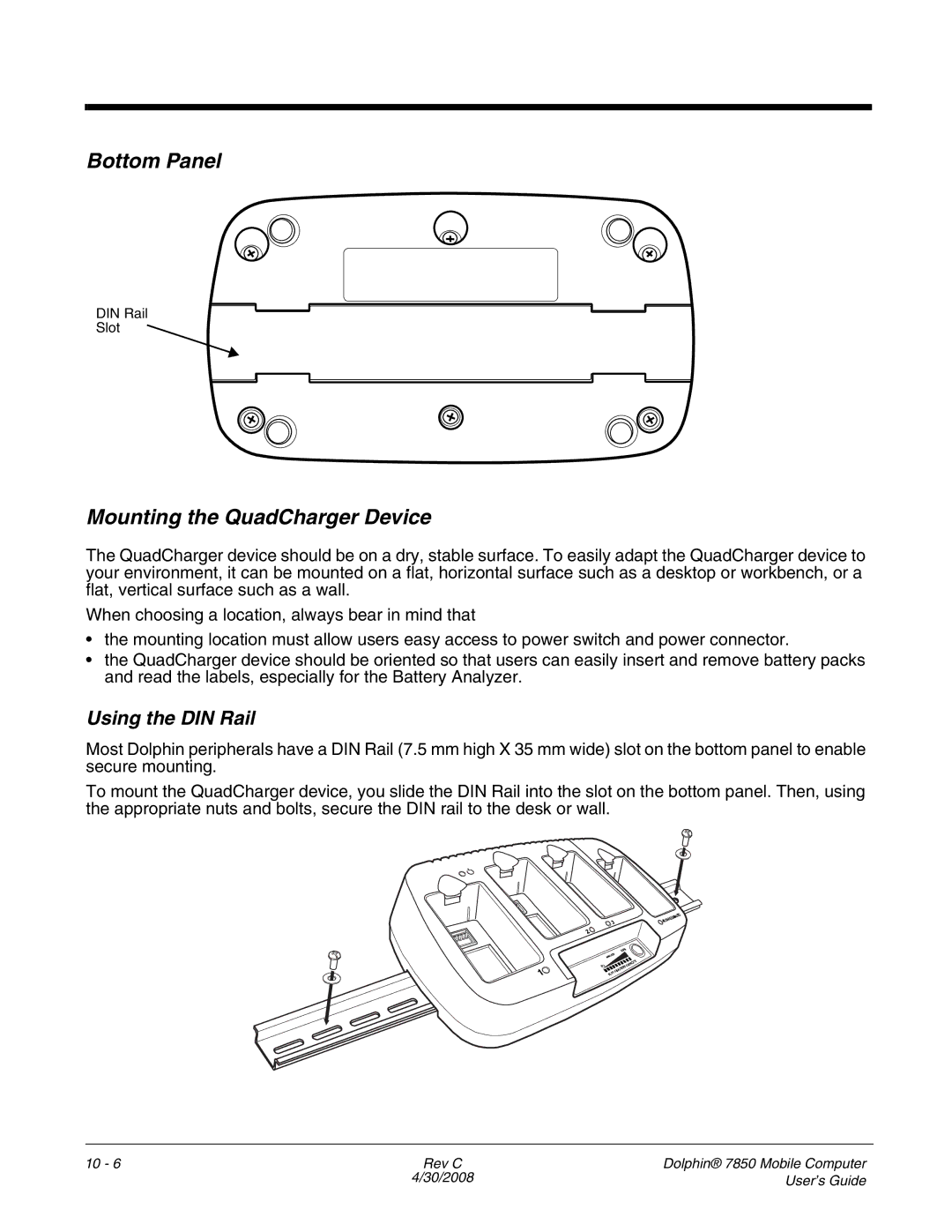 Honeywell 7850 manual Bottom Panel, Mounting the QuadCharger Device, Using the DIN Rail 