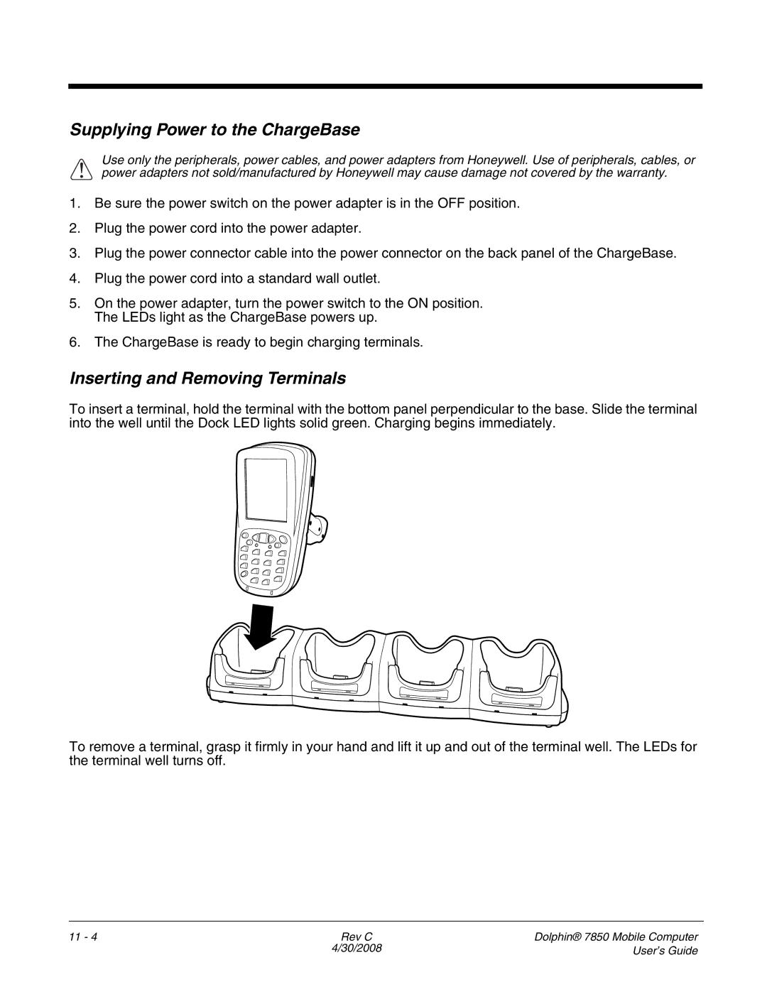 Honeywell 7850 manual Supplying Power to the ChargeBase, Inserting and Removing Terminals 