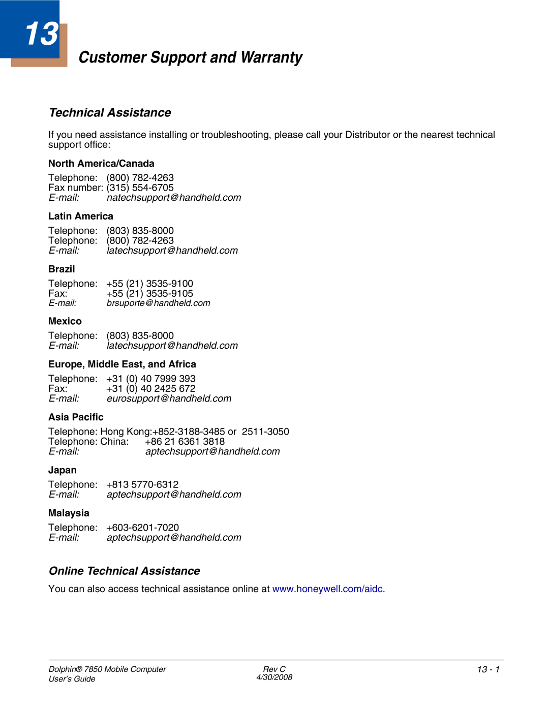 Honeywell 7850 manual Customer Support and Warranty, Online Technical Assistance 