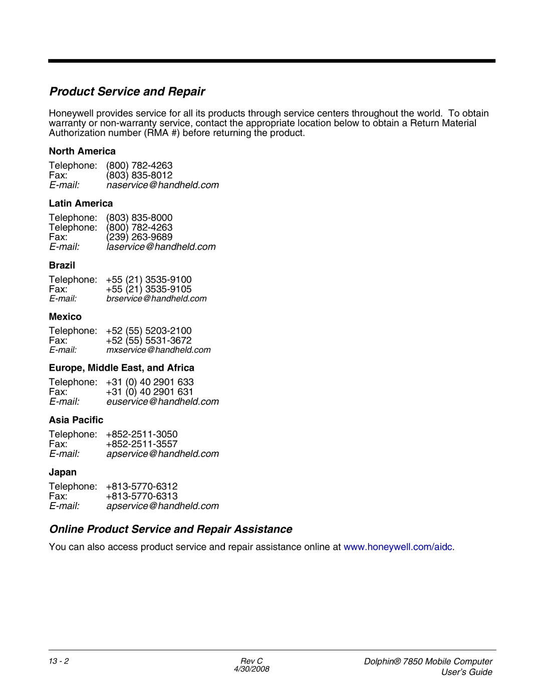 Honeywell 7850 manual Online Product Service and Repair Assistance, North America 