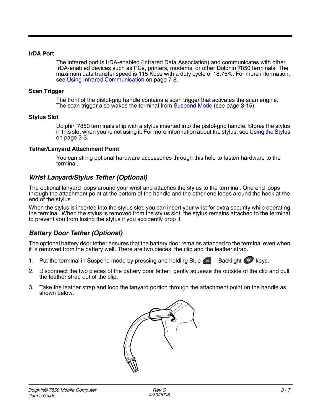 Honeywell 7850 manual Wrist Lanyard/Stylus Tether Optional, Battery Door Tether Optional 