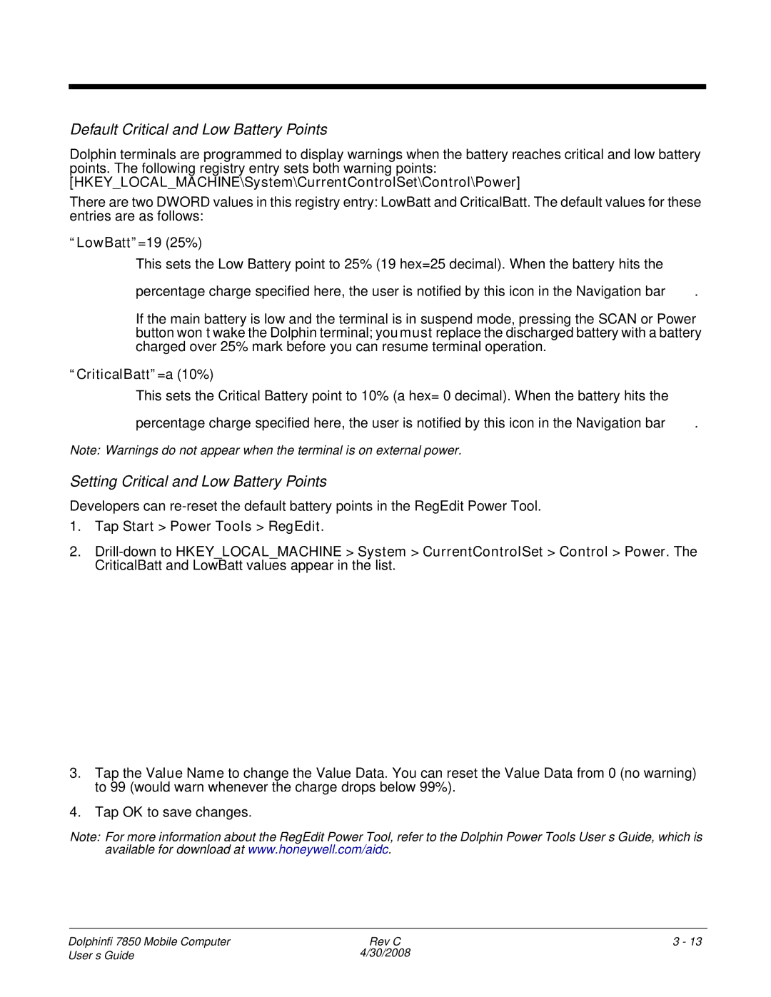 Honeywell 7850 manual Default Critical and Low Battery Points, Setting Critical and Low Battery Points 