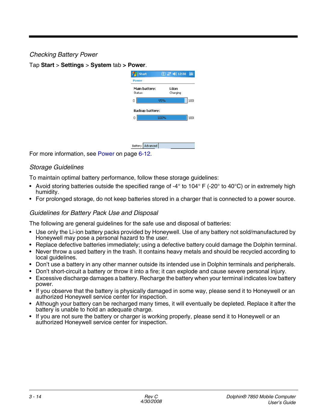 Honeywell 7850 manual Checking Battery Power, Storage Guidelines, Guidelines for Battery Pack Use and Disposal 