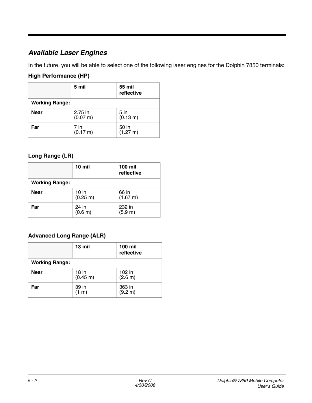 Honeywell 7850 manual Available Laser Engines, High Performance HP, Long Range LR, Advanced Long Range ALR 