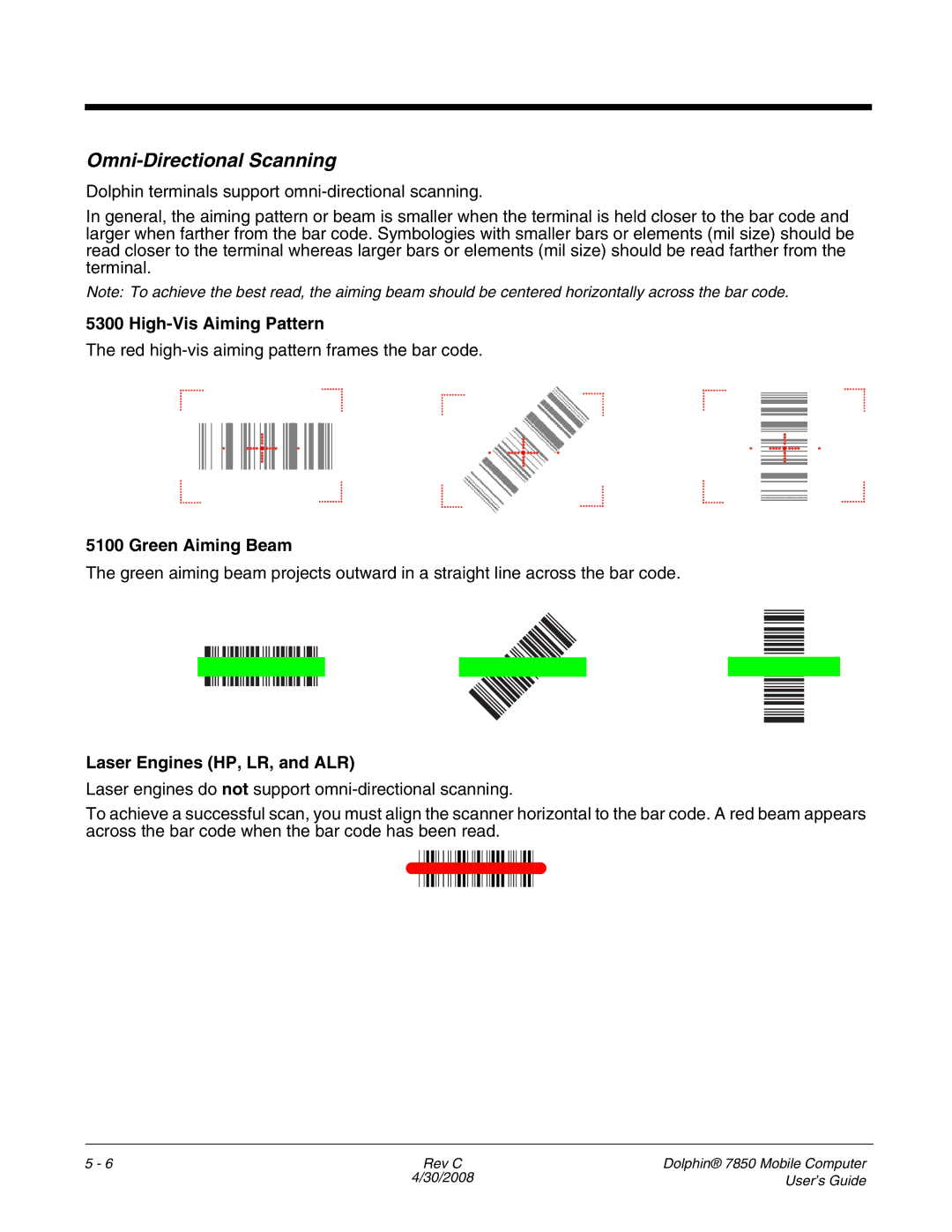 Honeywell 7850 manual Omni-Directional Scanning, High-Vis Aiming Pattern, Green Aiming Beam, Laser Engines HP, LR, and ALR 