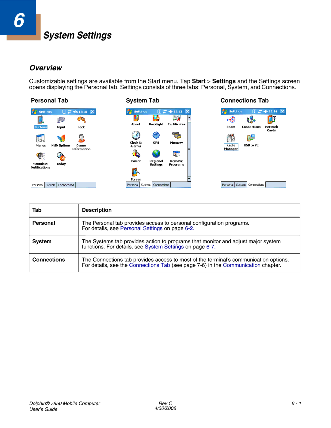 Honeywell 7850 manual System Settings, Personal Tab System Tab, Tab Description Personal, Connections 