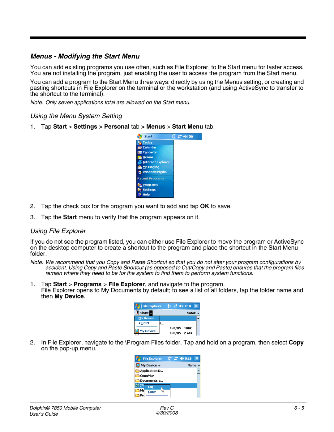 Honeywell 7850 manual Menus Modifying the Start Menu, Using the Menu System Setting, Using File Explorer 