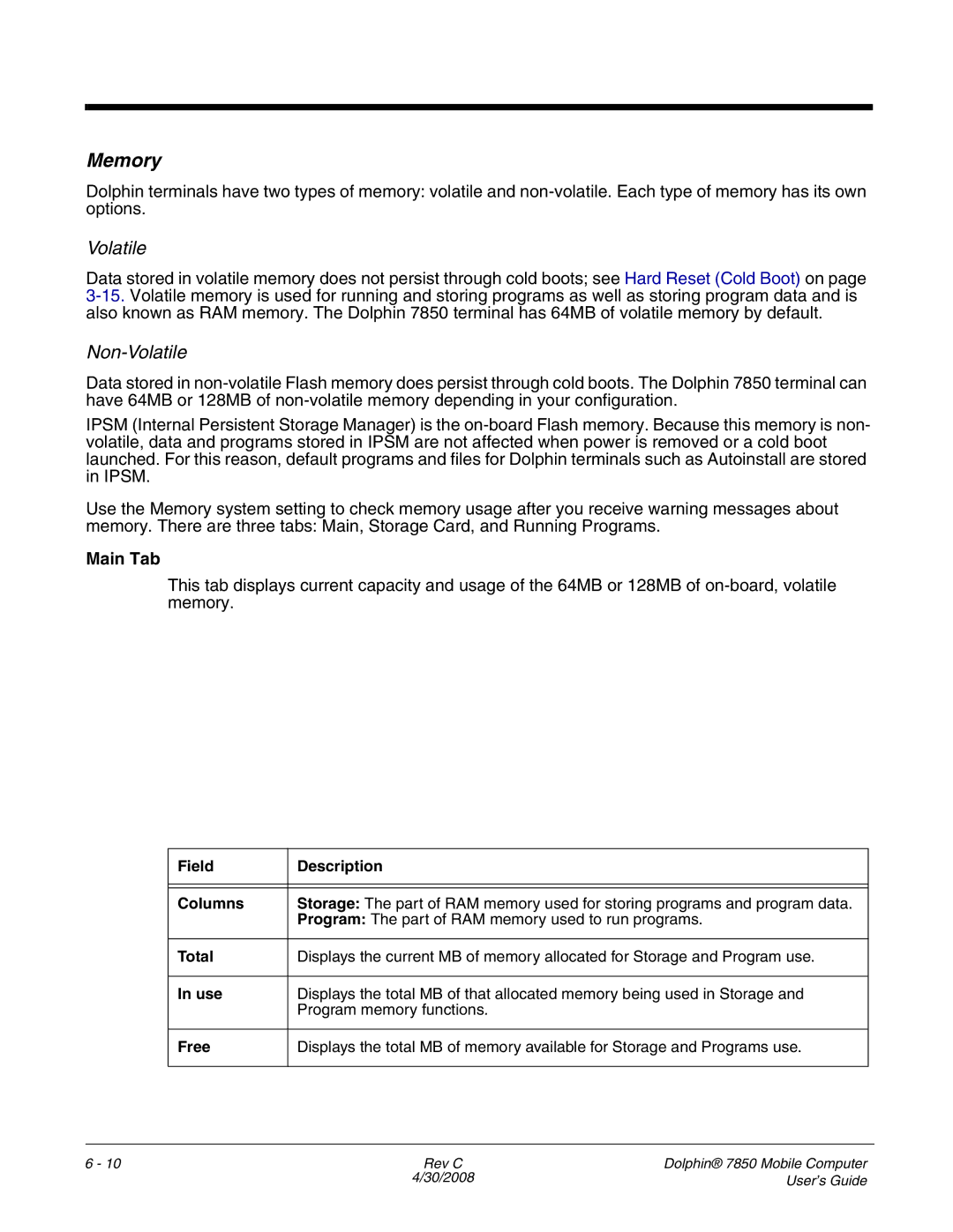 Honeywell 7850 manual Memory, Non-Volatile, Main Tab 