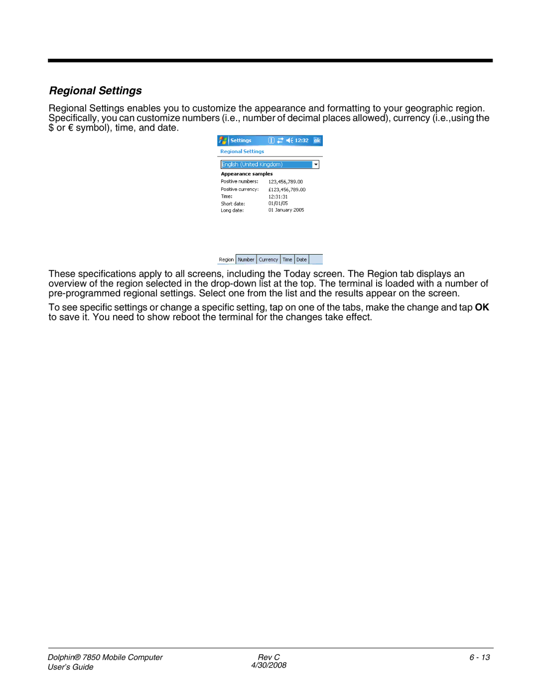 Honeywell 7850 manual Regional Settings 