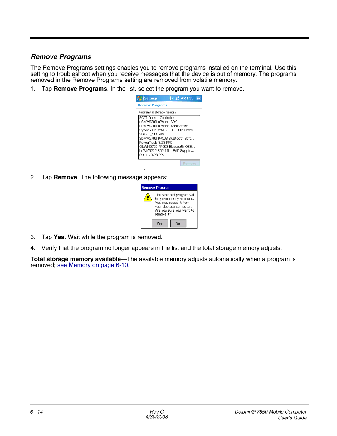 Honeywell 7850 manual Remove Programs 