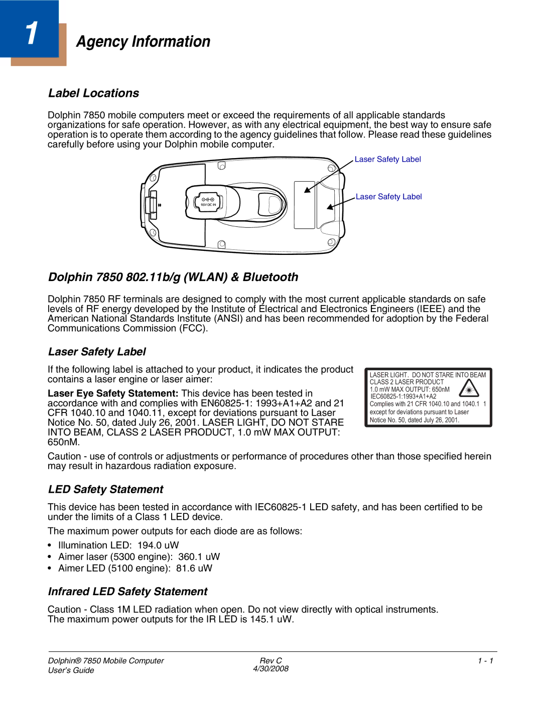 Honeywell manual Label Locations, Dolphin 7850 802.11b/g Wlan & Bluetooth, Laser Safety Label, LED Safety Statement 