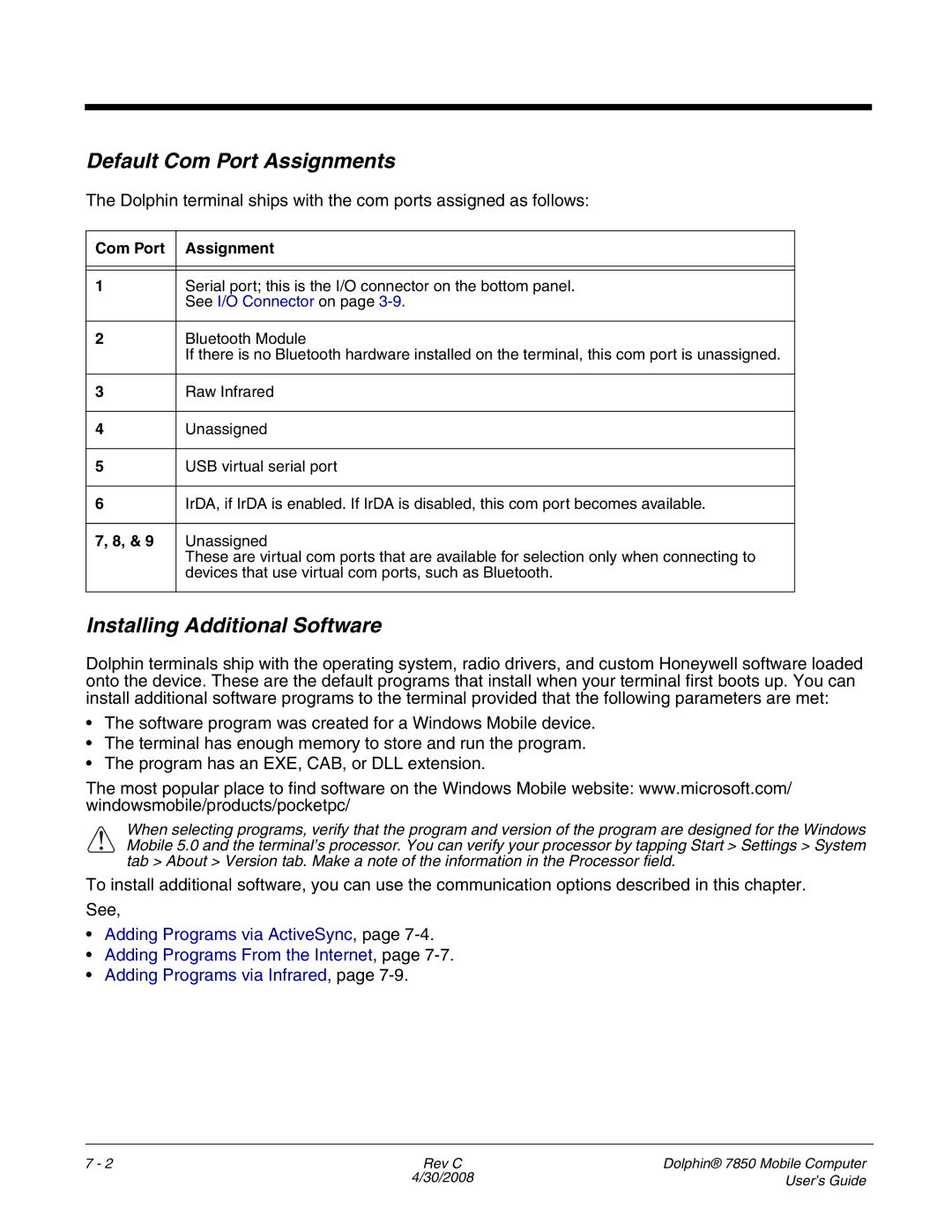 Honeywell 7850 manual Default Com Port Assignments, Installing Additional Software 