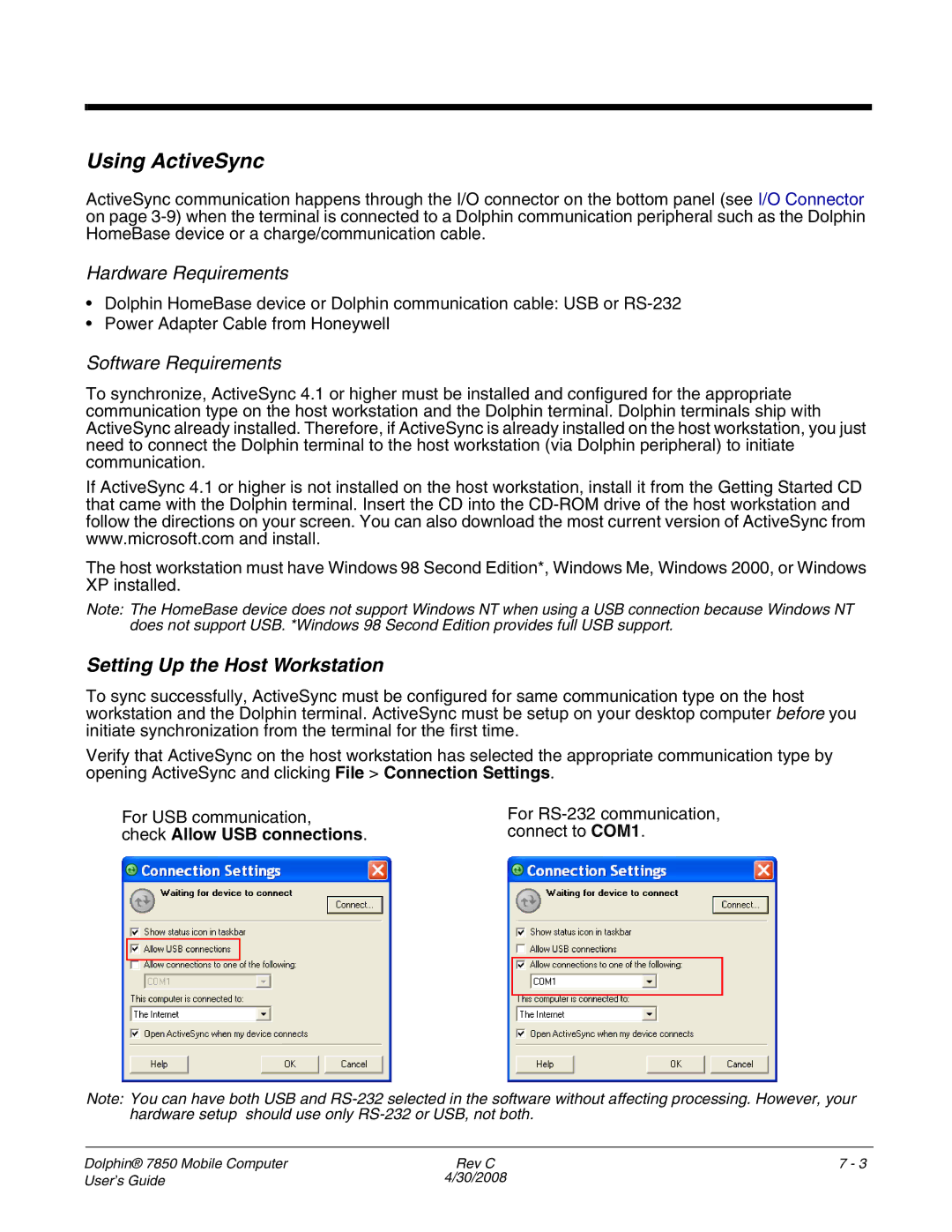 Honeywell 7850 manual Using ActiveSync, Setting Up the Host Workstation, Hardware Requirements, Software Requirements 