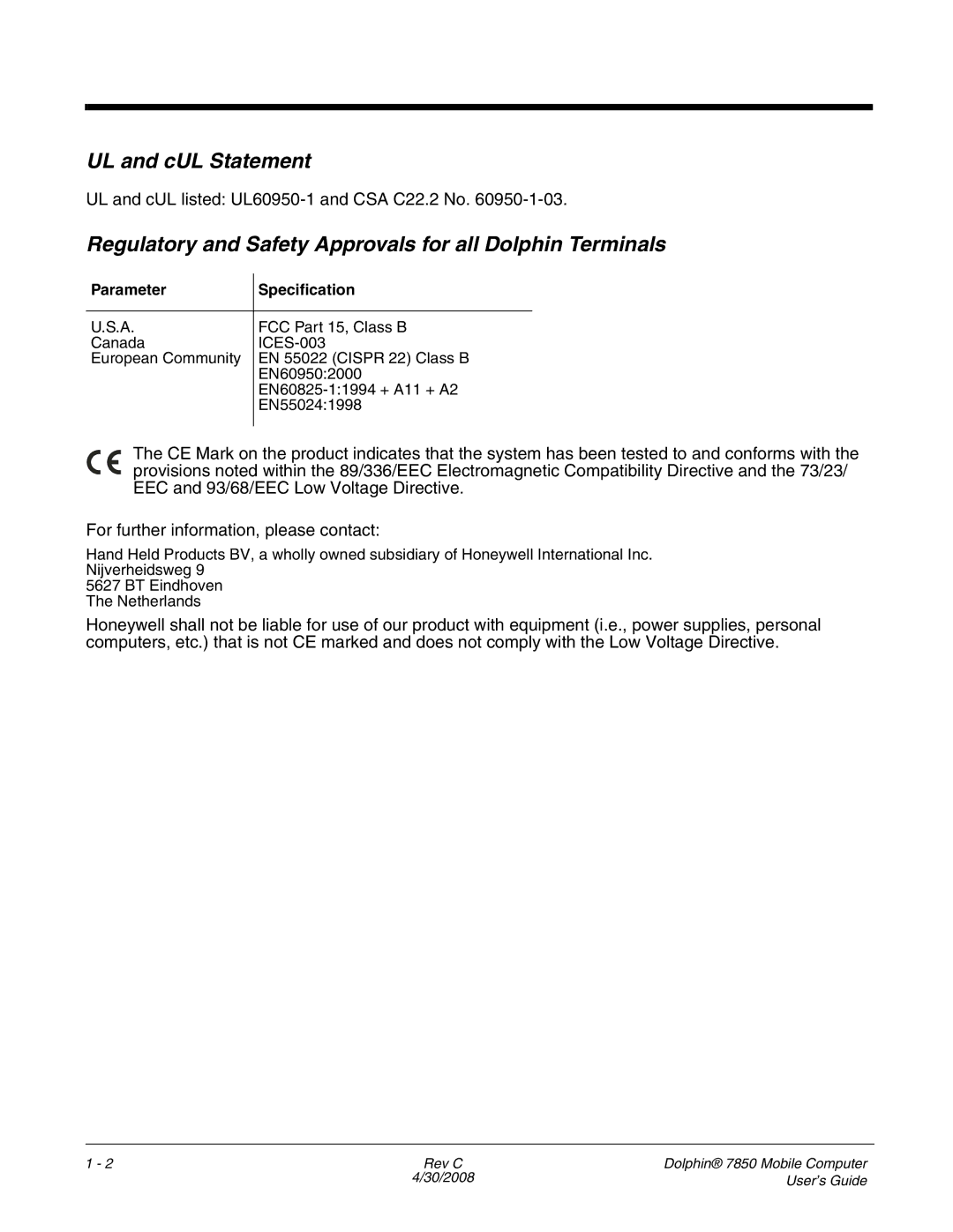 Honeywell 7850 UL and cUL Statement, Regulatory and Safety Approvals for all Dolphin Terminals, Parameter Specification 