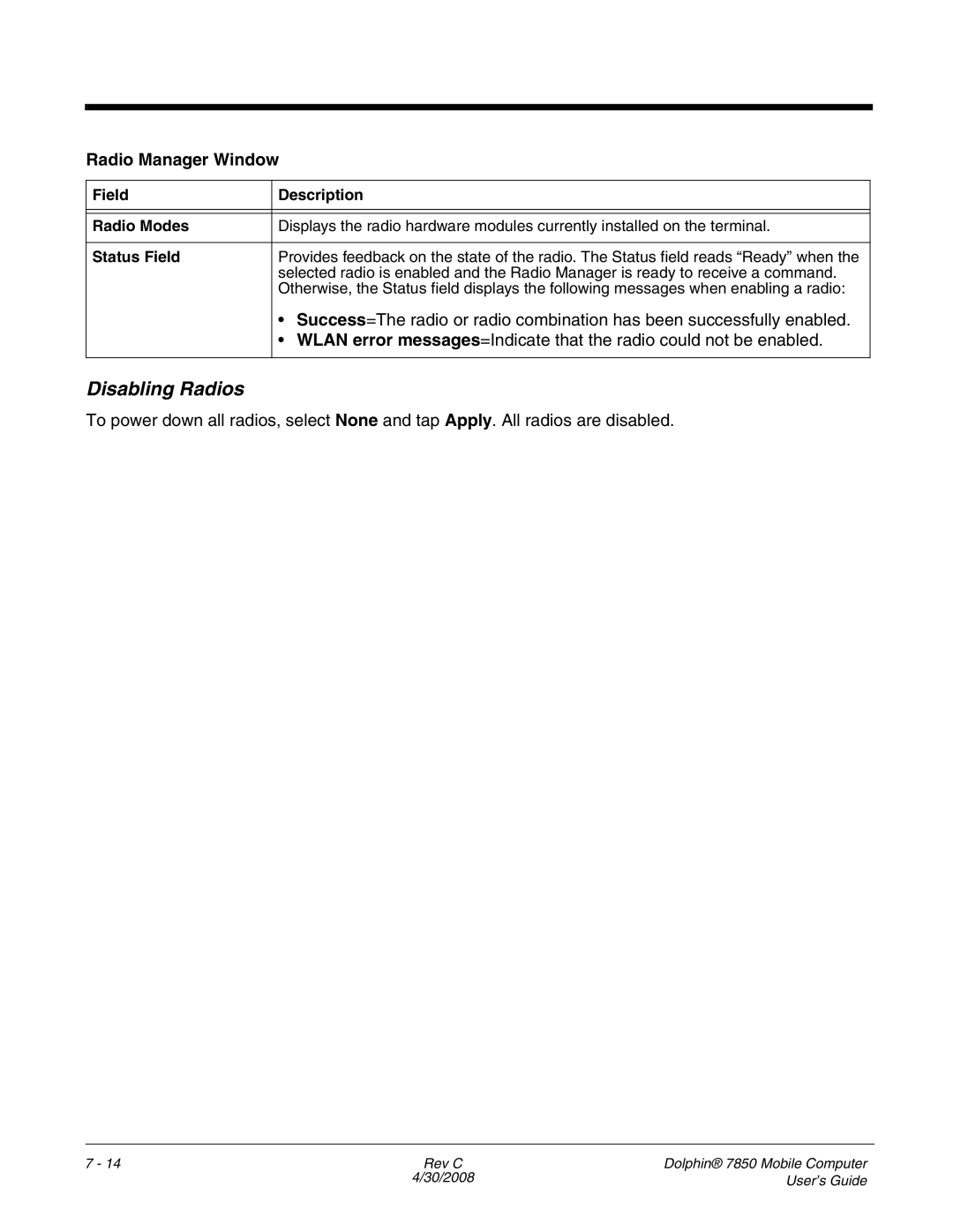 Honeywell 7850 manual Disabling Radios, Radio Manager Window 