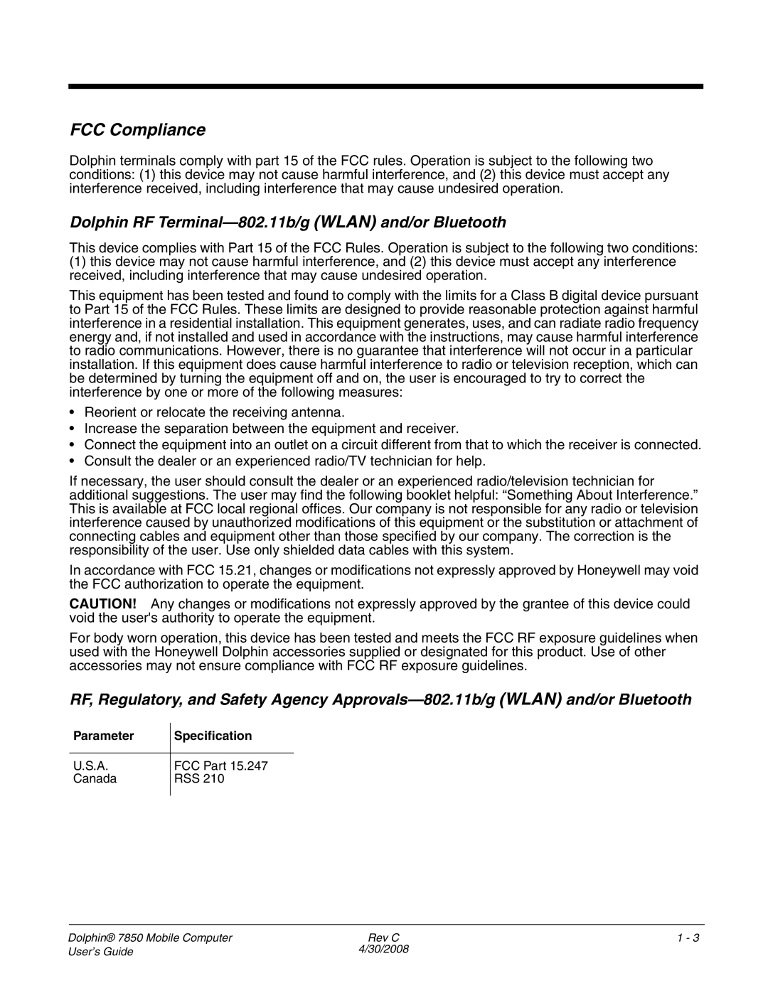 Honeywell 7850 manual FCC Compliance, Dolphin RF Terminal-802.11b/g Wlan and/or Bluetooth 