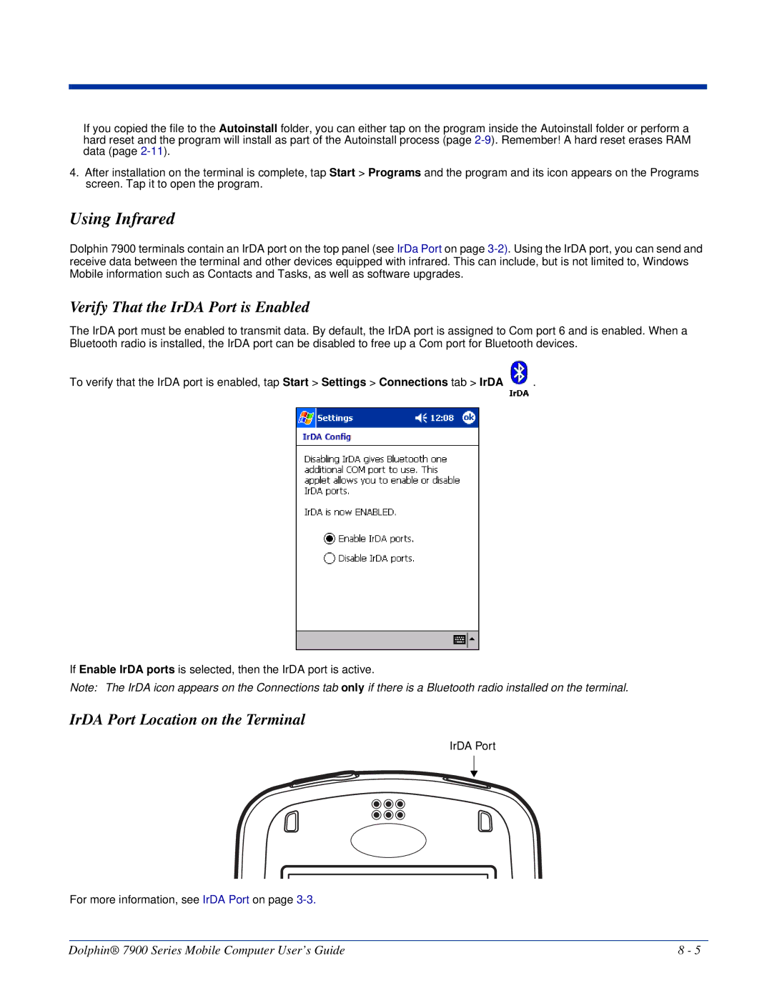 Honeywell 7900 manual Using Infrared, Verify That the IrDA Port is Enabled, IrDA Port Location on the Terminal 