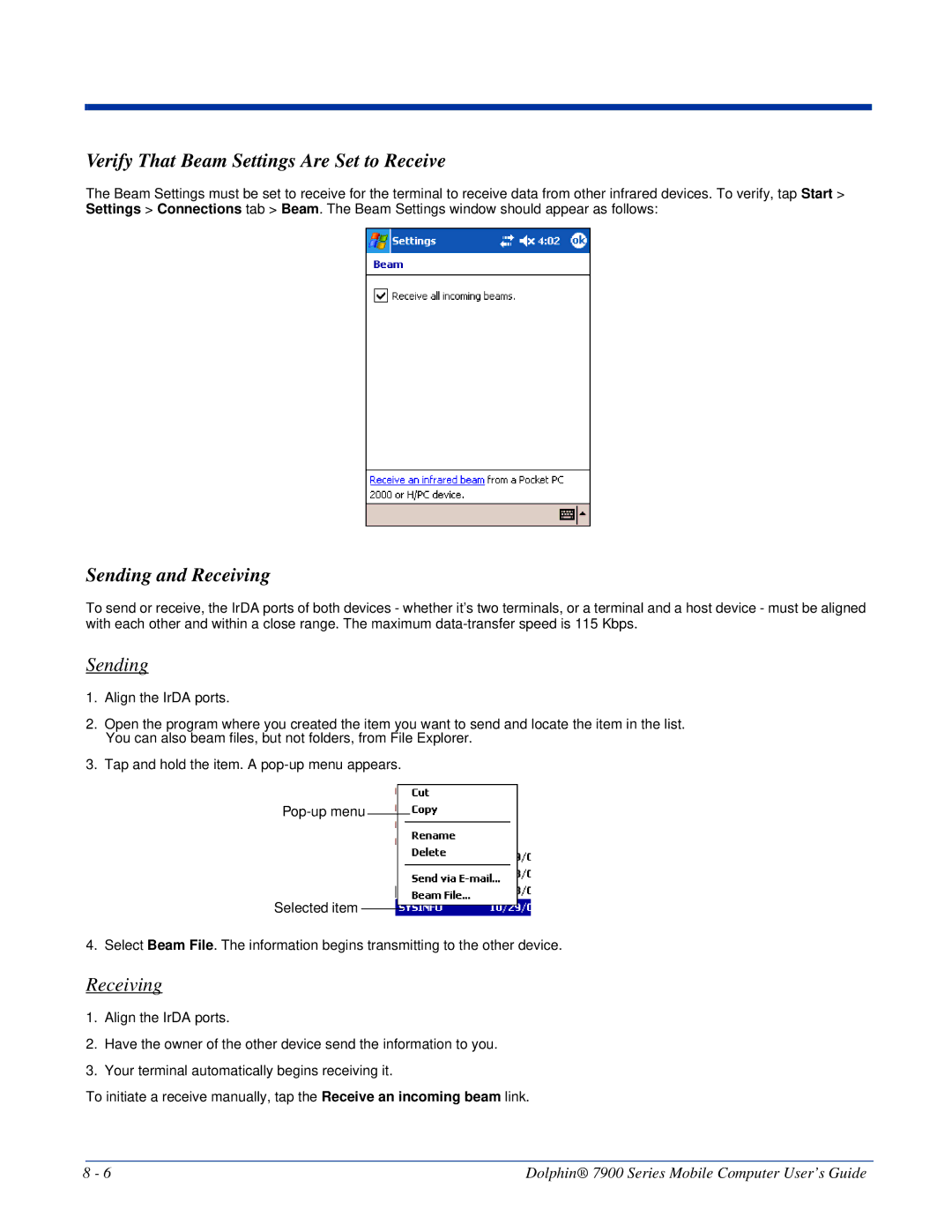 Honeywell 7900 manual Verify That Beam Settings Are Set to Receive, Sending and Receiving 