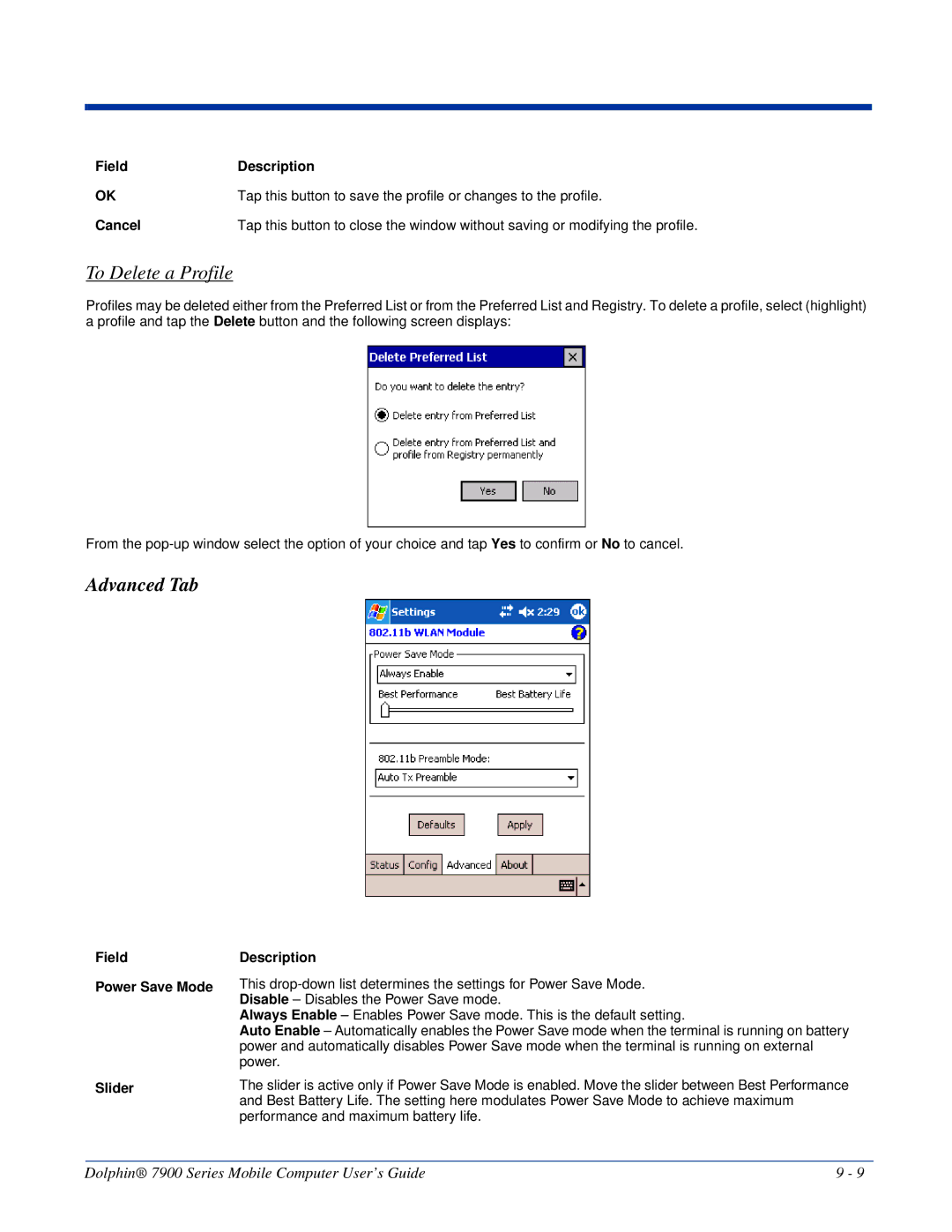 Honeywell 7900 manual To Delete a Profile, Advanced Tab, Field Power Save Mode Slider Description 