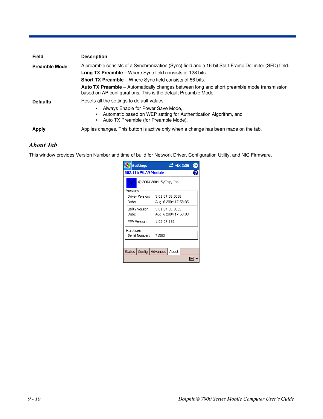 Honeywell 7900 manual About Tab, Field Preamble Mode Defaults Apply Description 