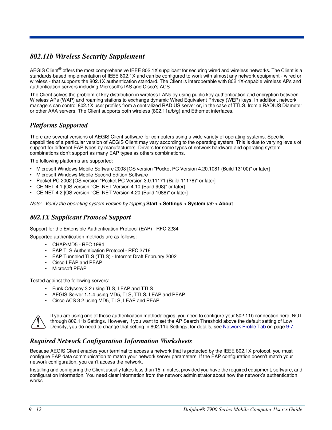 Honeywell 7900 manual 802.11b Wireless Security Supplement, Platforms Supported, 802.1X Supplicant Protocol Support 