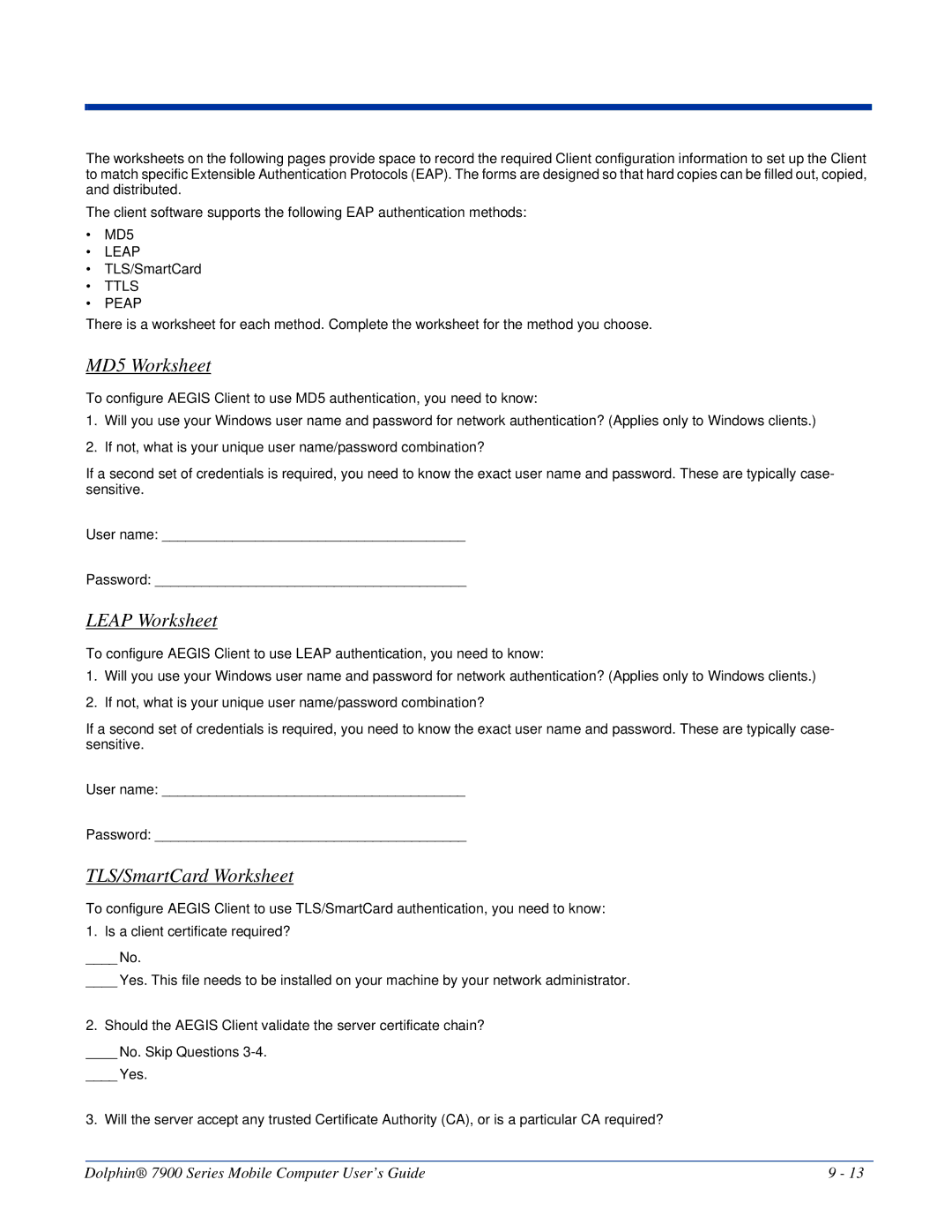 Honeywell 7900 manual MD5 Worksheet, Leap Worksheet, TLS/SmartCard Worksheet 