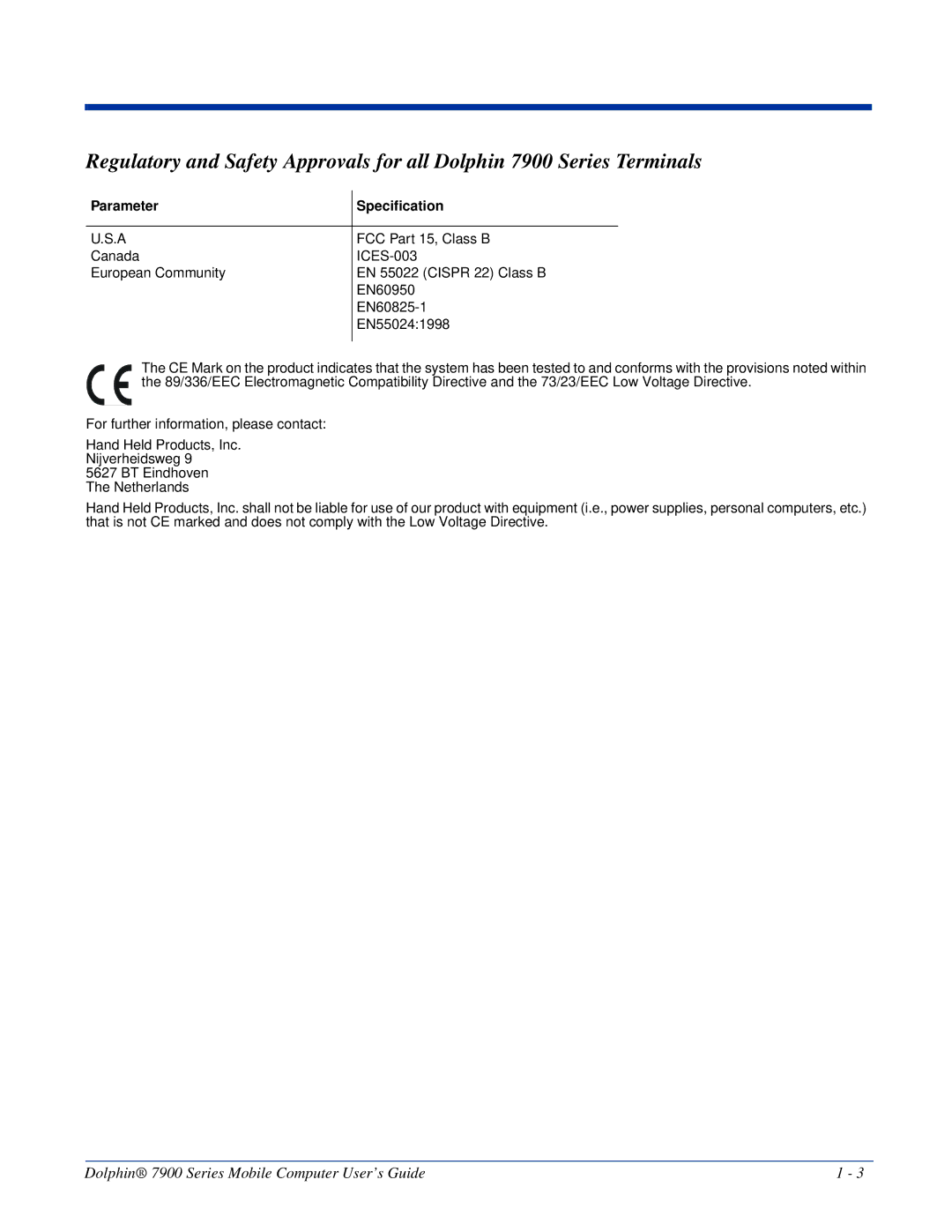 Honeywell 7900 manual Parameter Specification 