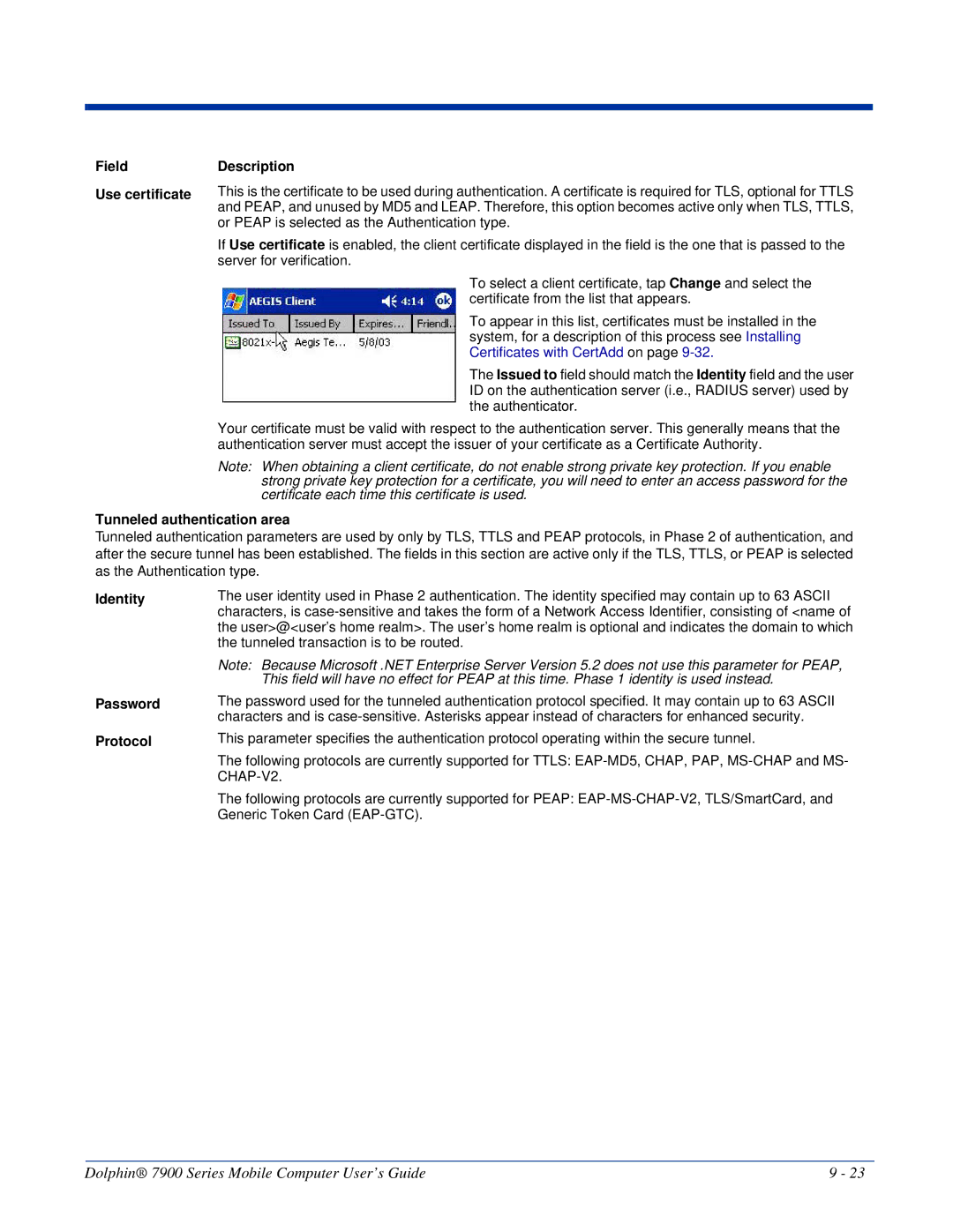 Honeywell 7900 manual Field Use certificate Description, Tunneled authentication area, Identity Password Protocol 