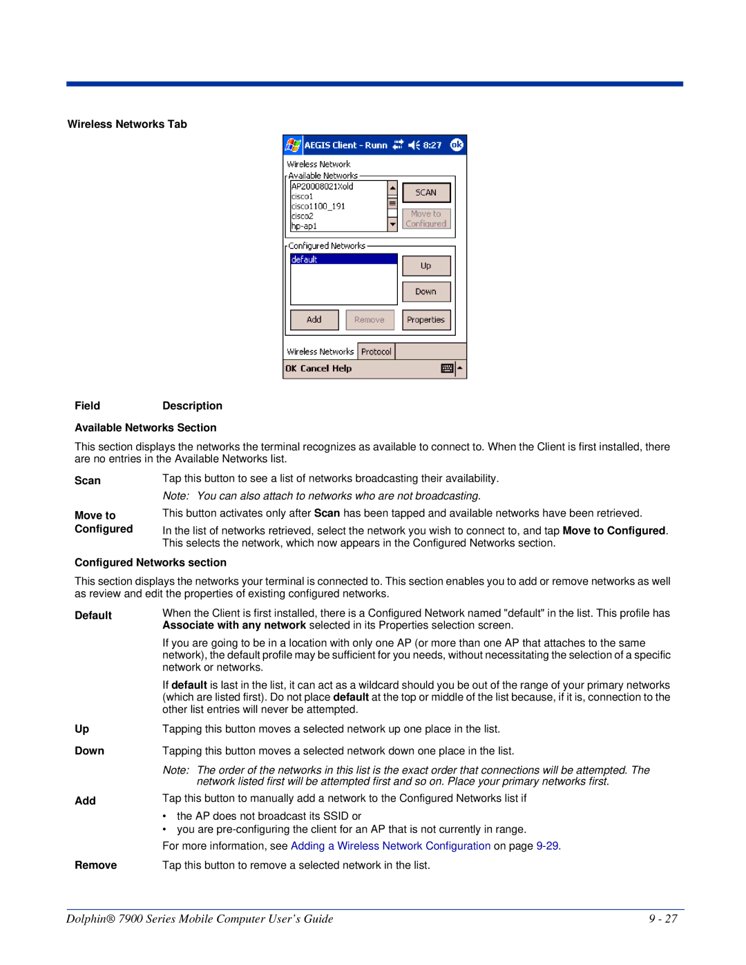 Honeywell 7900 manual Scan Move to Configured, Configured Networks section, Default Down Add Remove 