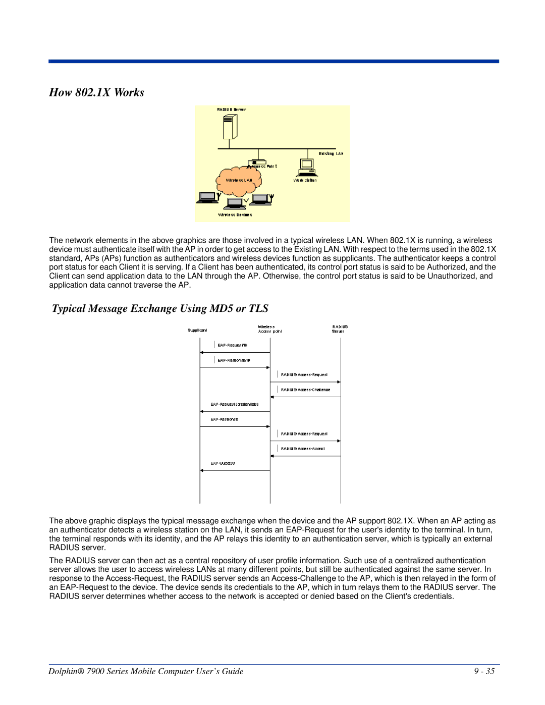 Honeywell 7900 manual How 802.1X Works, Typical Message Exchange Using MD5 or TLS 