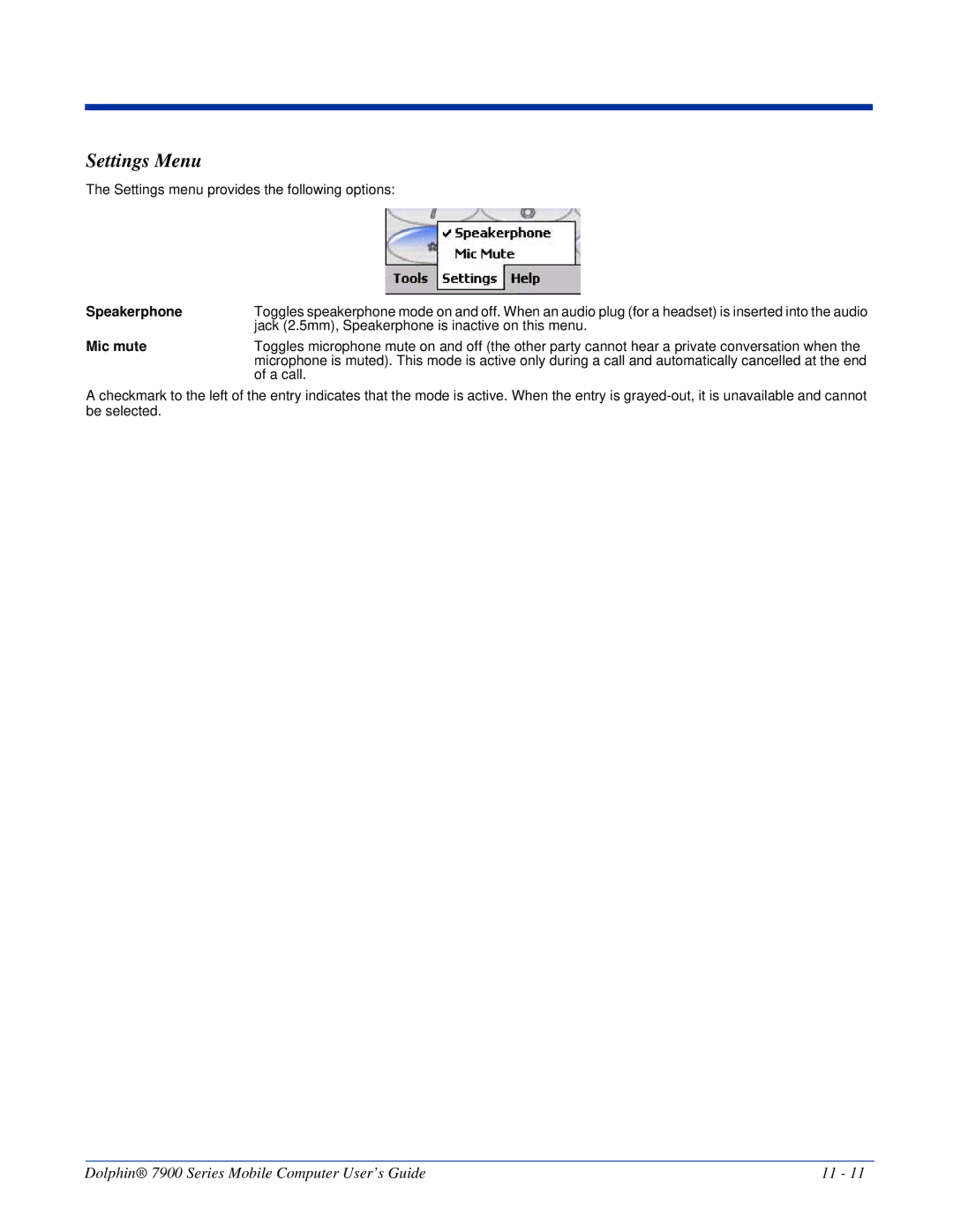 Honeywell 7900 manual Settings Menu, Speakerphone, Mic mute 