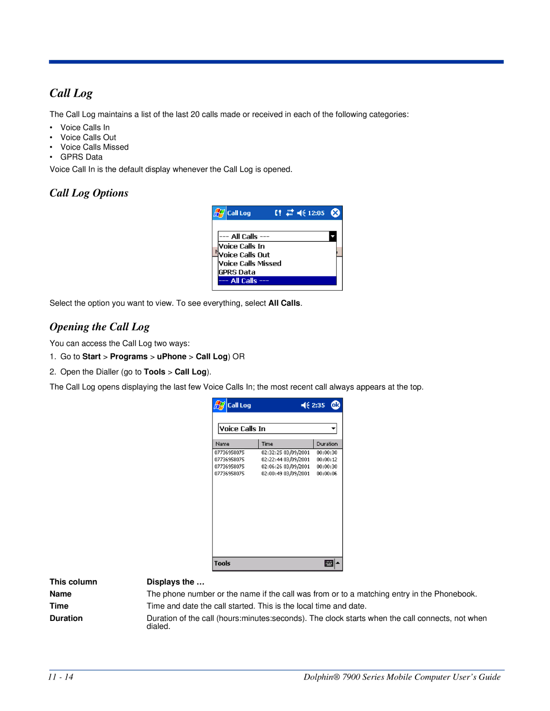 Honeywell 7900 manual Call Log Options, Opening the Call Log, Go to Start Programs uPhone Call Log or, Dialed 