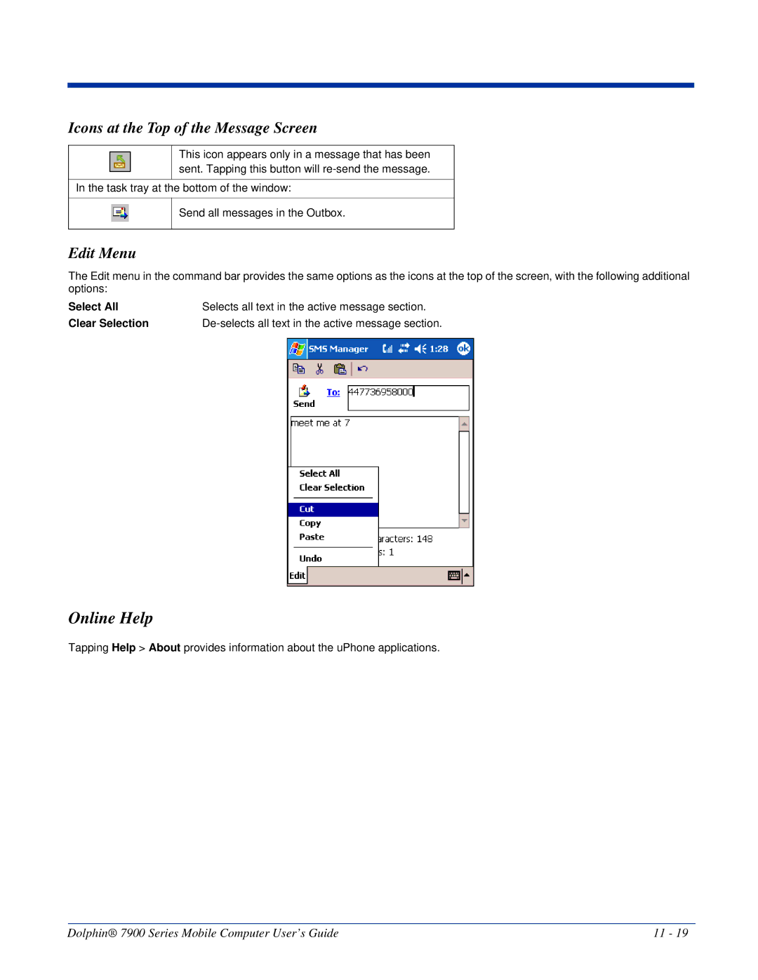 Honeywell 7900 manual Online Help, Edit Menu, Select All, Clear Selection 