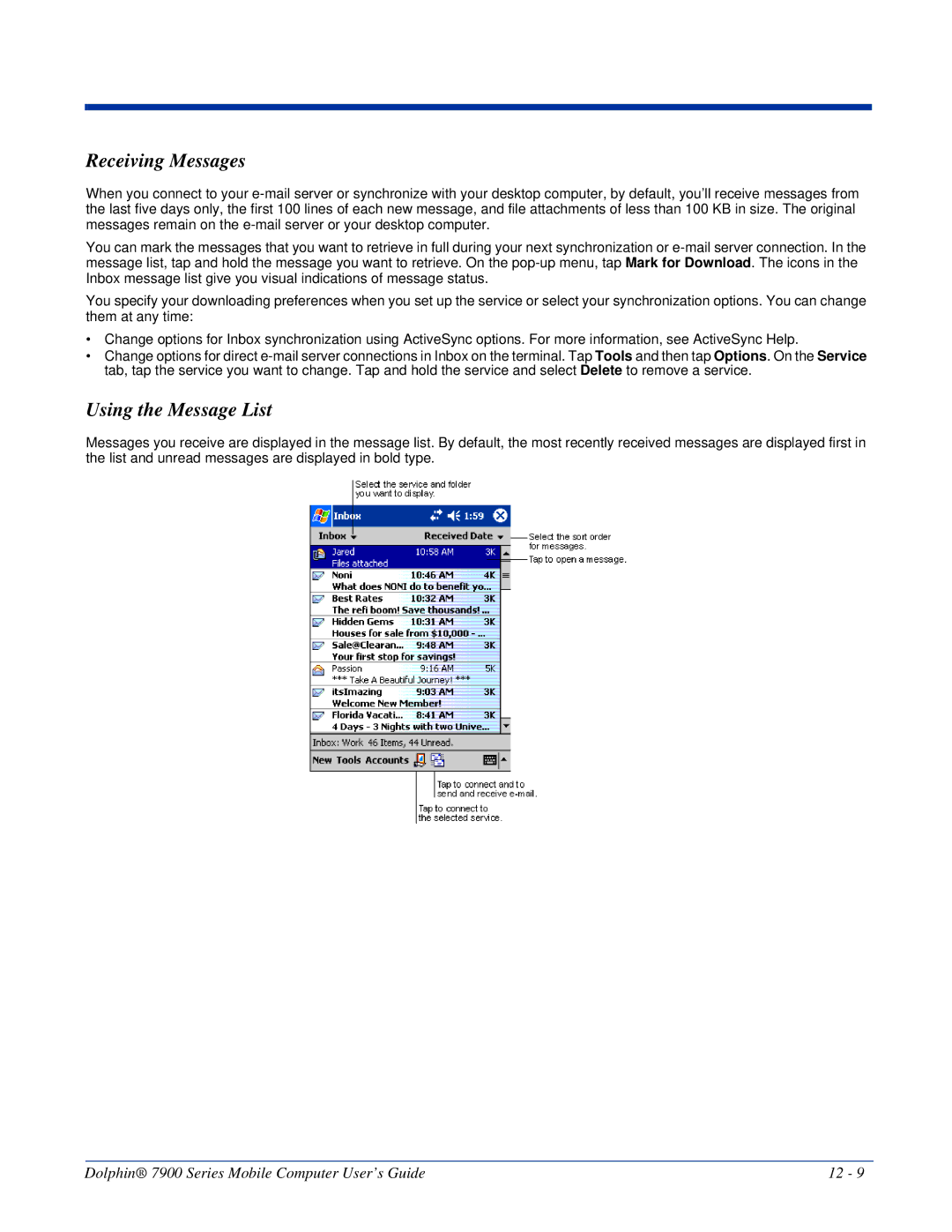 Honeywell 7900 manual Receiving Messages, Using the Message List 