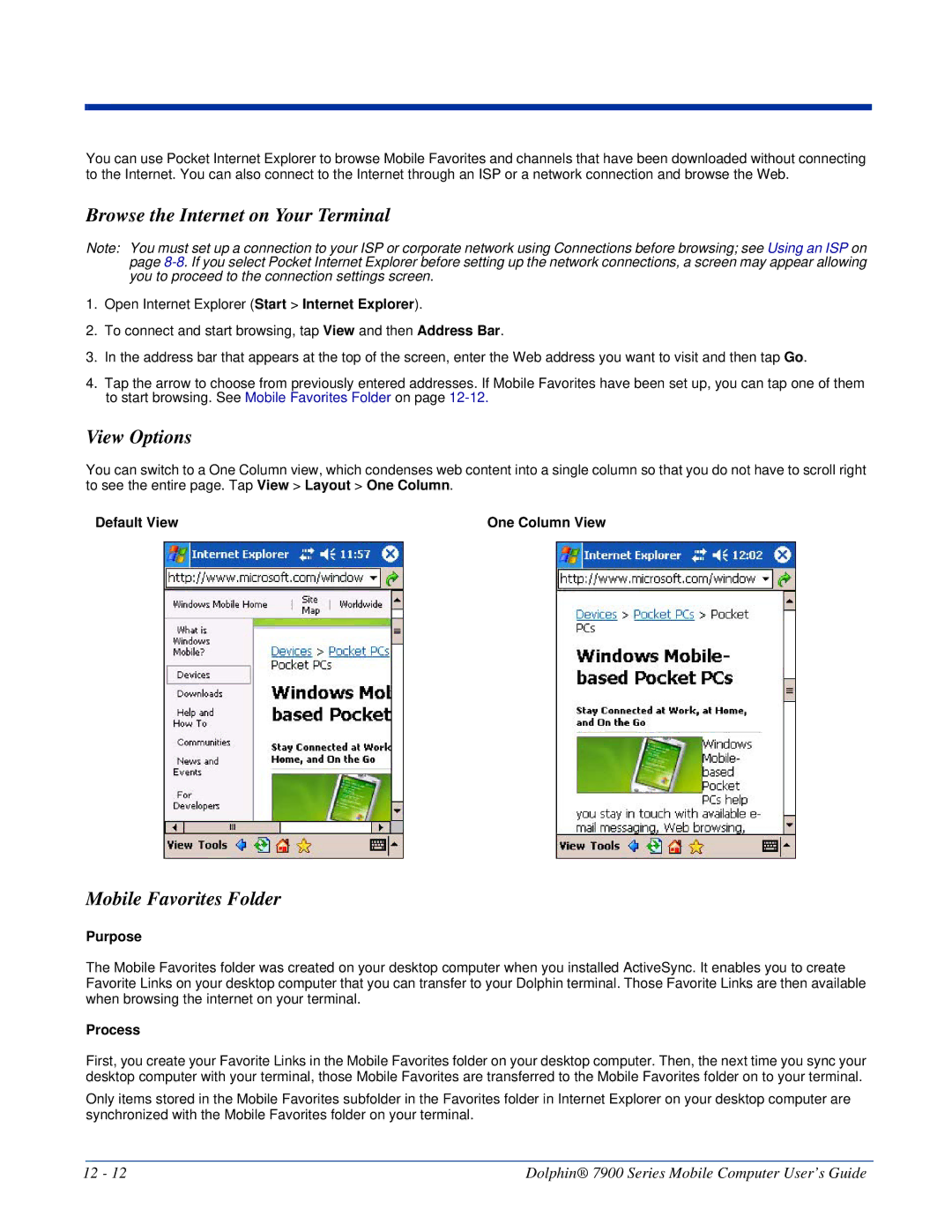 Honeywell 7900 Browse the Internet on Your Terminal, View Options, Mobile Favorites Folder, Default View One Column View 