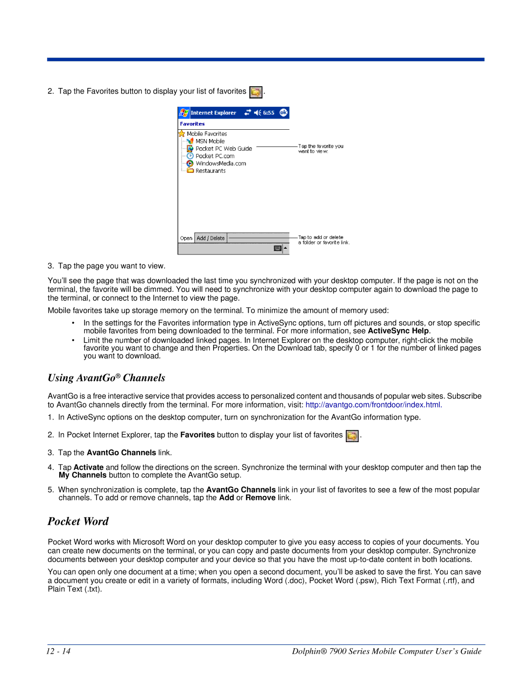 Honeywell 7900 manual Pocket Word, Using AvantGo Channels, Tap the AvantGo Channels link 