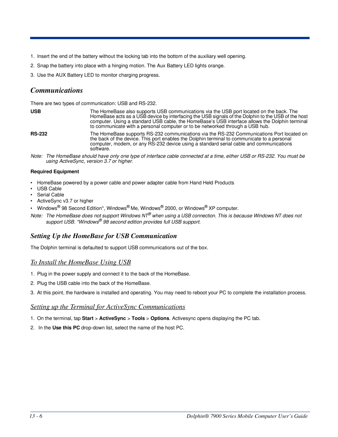 Honeywell 7900 manual Communications, Setting Up the HomeBase for USB Communication, To Install the HomeBase Using USB 