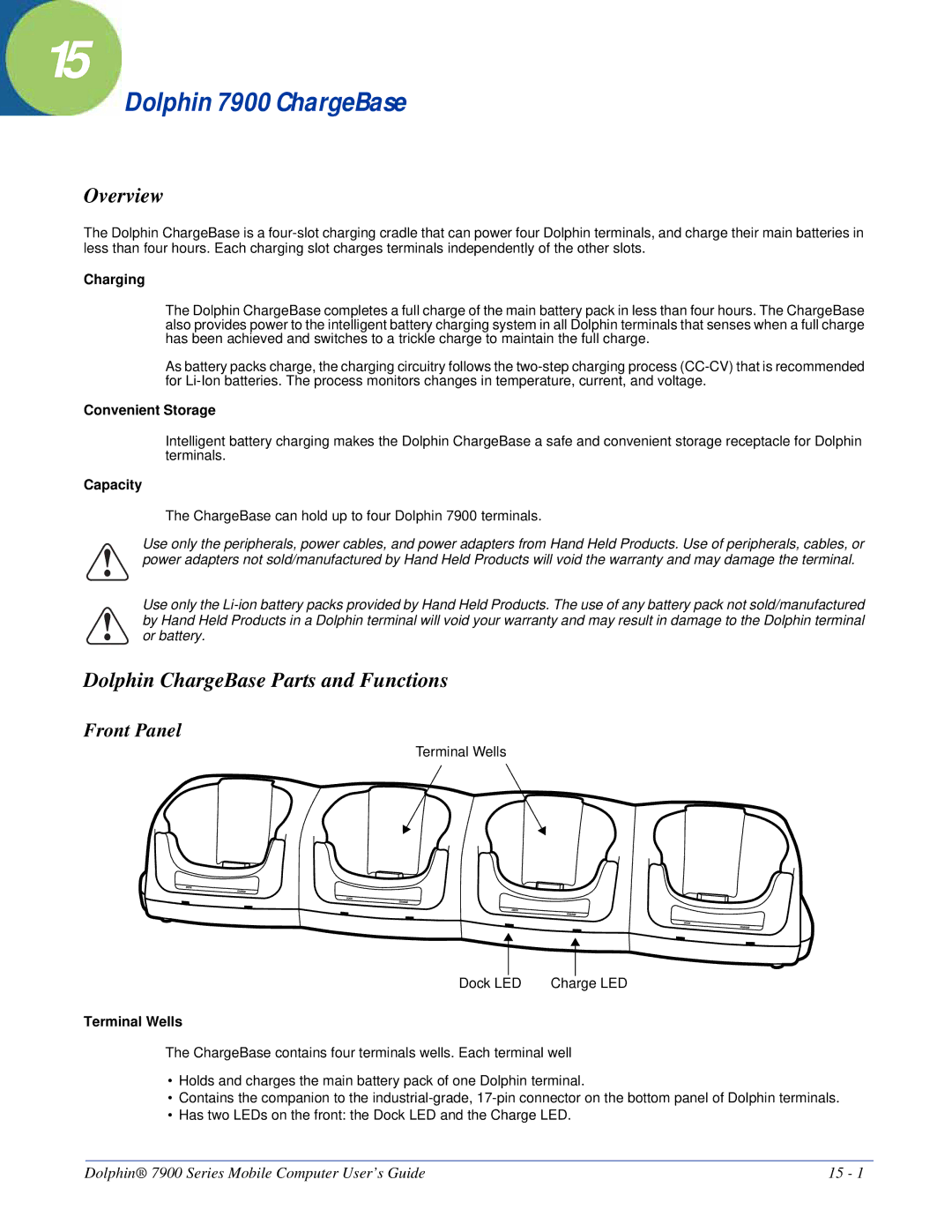 Honeywell manual Dolphin 7900 ChargeBase, Dolphin ChargeBase Parts and Functions, Terminal Wells 