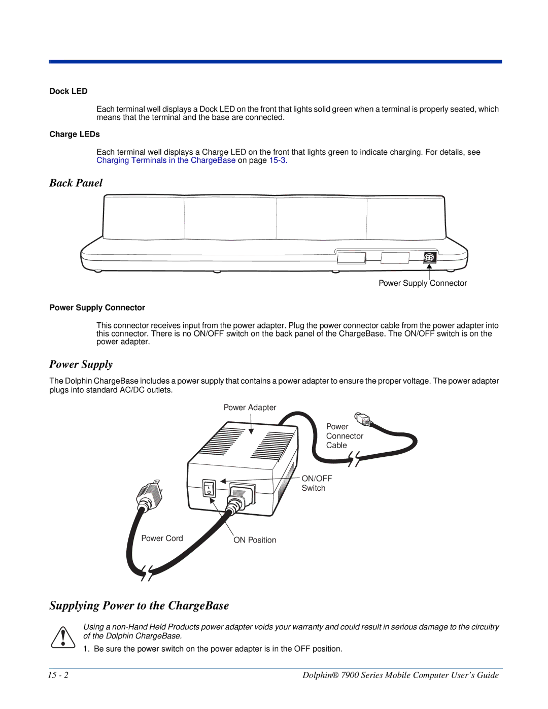 Honeywell 7900 manual Supplying Power to the ChargeBase, Power Supply, Dock LED, Charge LEDs 