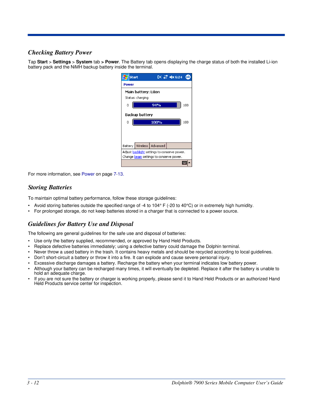 Honeywell 7900 manual Checking Battery Power, Storing Batteries, Guidelines for Battery Use and Disposal 