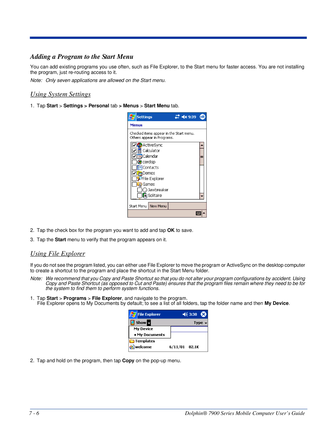 Honeywell 7900 manual Adding a Program to the Start Menu, Using System Settings, Using File Explorer 