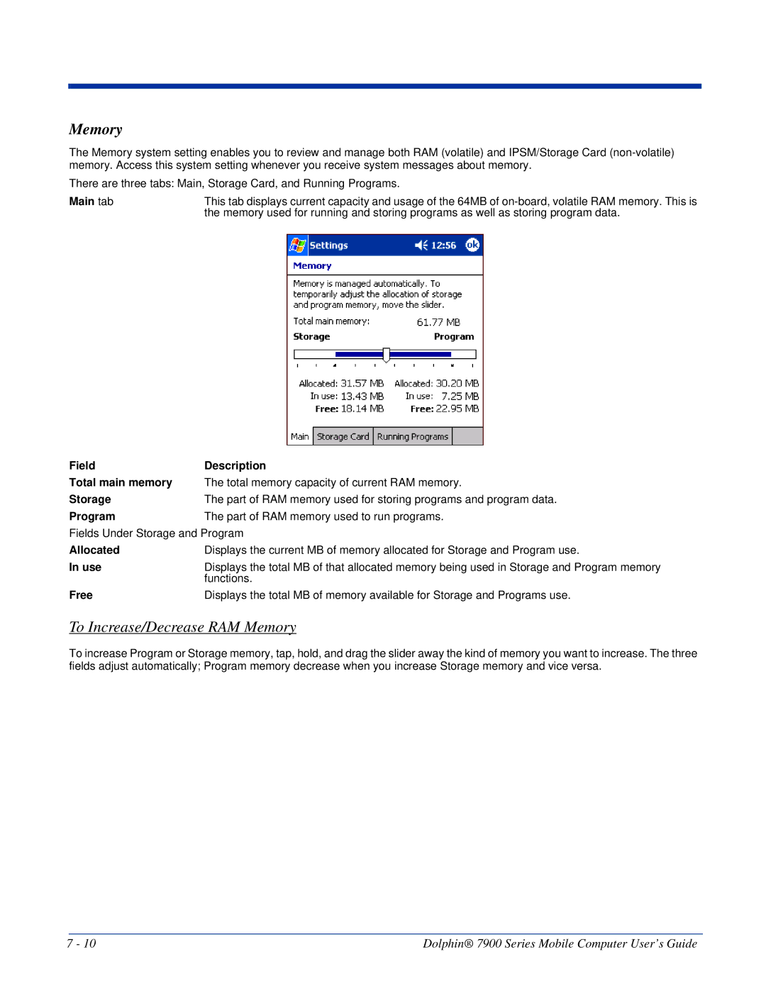 Honeywell 7900 manual To Increase/Decrease RAM Memory, Main tab, Functions 