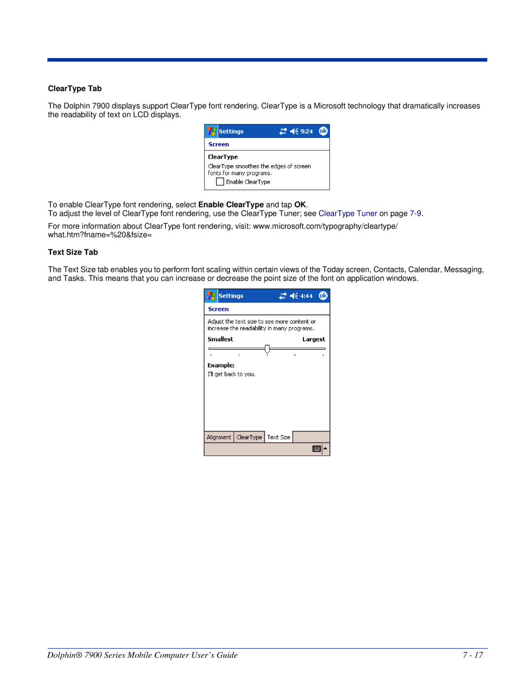 Honeywell 7900 manual ClearType Tab, Text Size Tab 