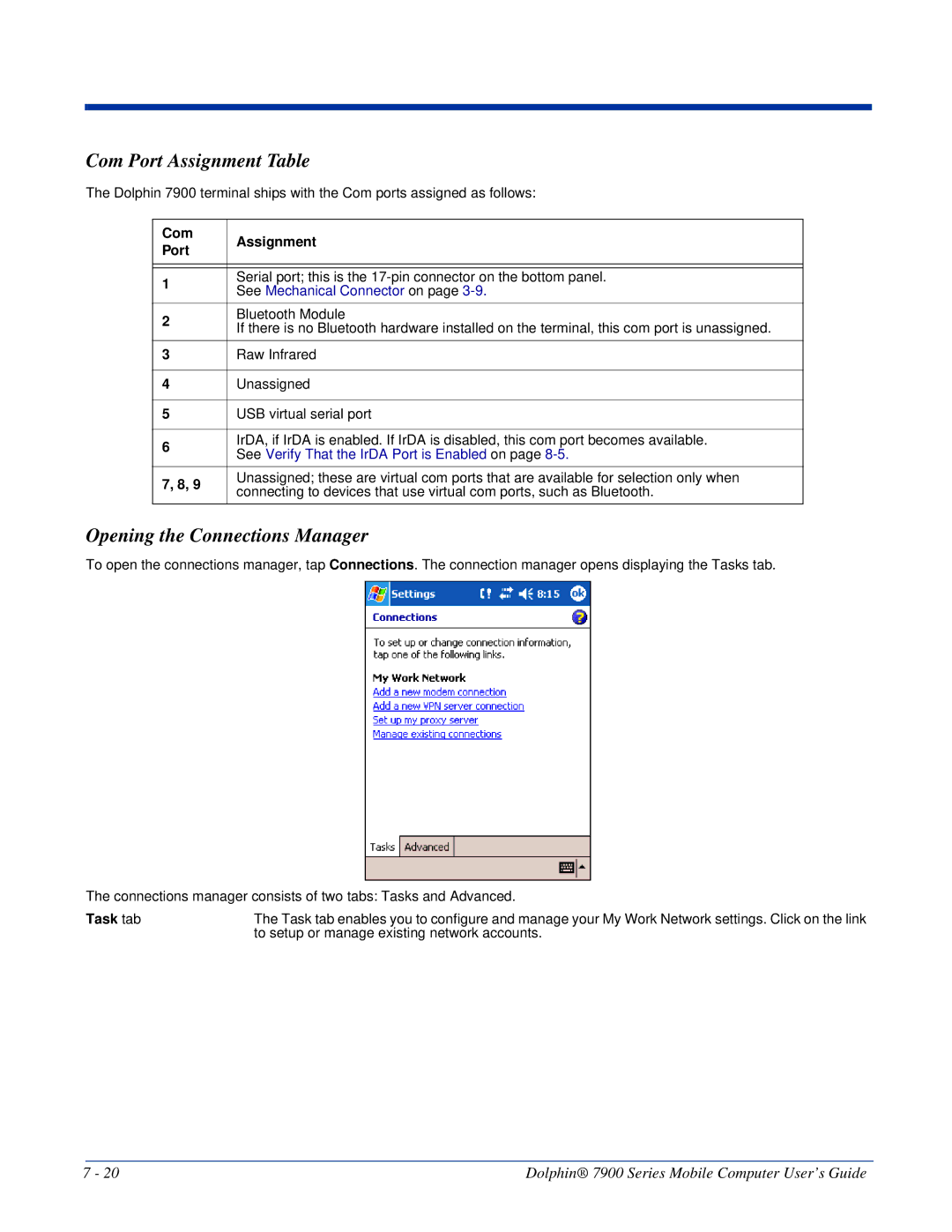 Honeywell 7900 manual Com Port Assignment Table, Opening the Connections Manager, Com Assignment Port, Task tab 